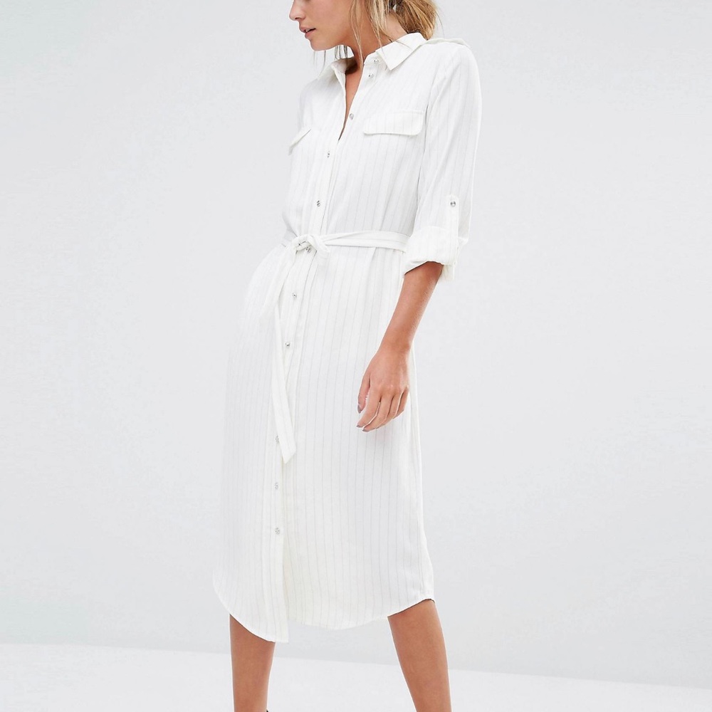 Oasis Pinstripe Shirt Long Sleeve Dress -Ivory color